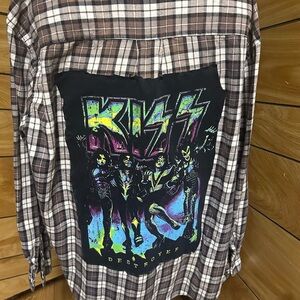 The singing group Kiss Brown Plaid Shirt with Graphic Back
